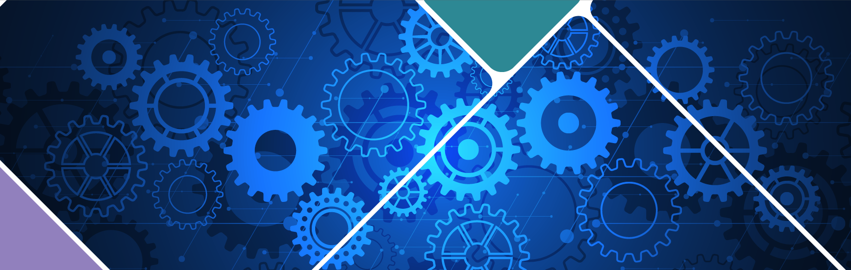 Illustration representing software implementation, featuring interconnected gears and digital elements against a blue background